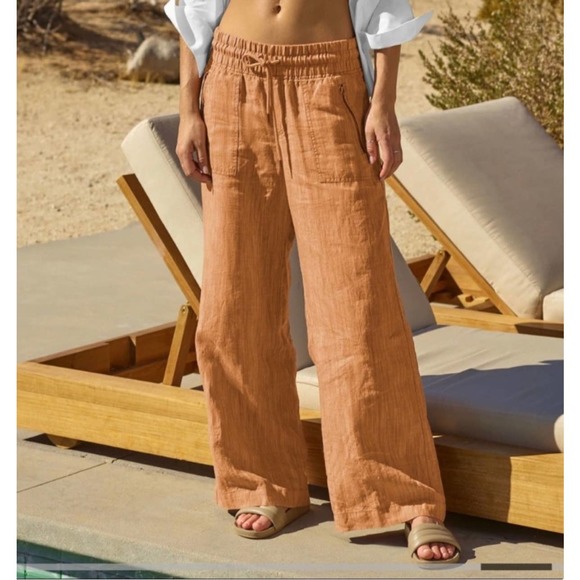 Athleta Pants - Athleta Cabo Linen Textured Wide Leg Pants Rain Dance Seina Beige